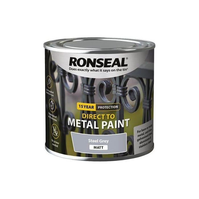 Ronseal Direct to Metal Paint Steel Grey Matt 250ml Ronseal - Town Tools
