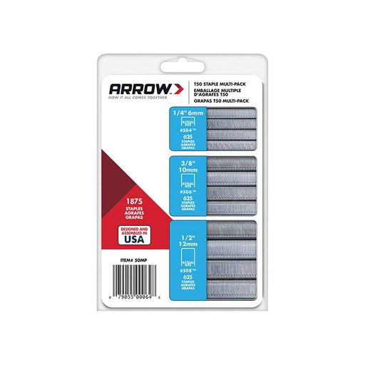 Arrow T50 Staples Multi Pack 6mm 10mm & 12mm (Box 1875, 3 x 625) Arrow - Town Tools