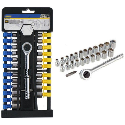 24pc 1/4'' Socket Wrench Kit Set with Ratchet Bit Mertic SAE Handle DIY Steel Town Tools - Town Tools