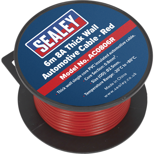 Sealey Automotive Cable Thick Wall 8A 6m Red AC0806R Sealey - Town Tools 