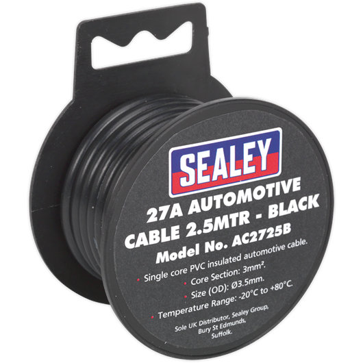 Sealey Automotive Cable Thick Wall 27A 2.5m Black AC2725B Sealey - Town Tools 