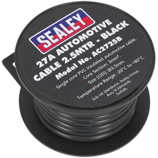 Sealey Automotive Cable Thick Wall 27A 2.5m Black AC2725B Sealey - Town Tools 