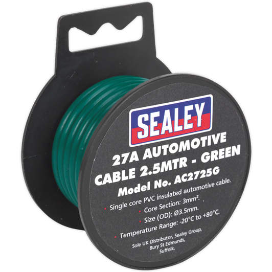 Sealey Automotive Cable Thick Wall 27A 2.5m Green AC2725G Sealey - Town Tools 