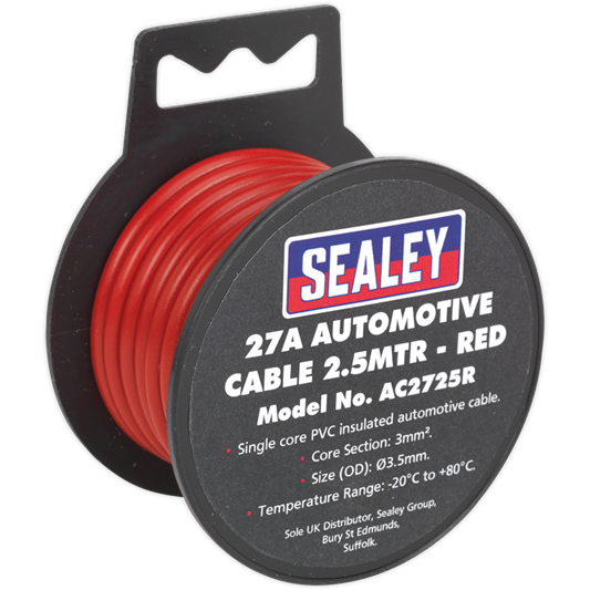 Sealey Automotive Cable Thick Wall 27A 2.5m Red AC2725R Sealey - Town Tools 