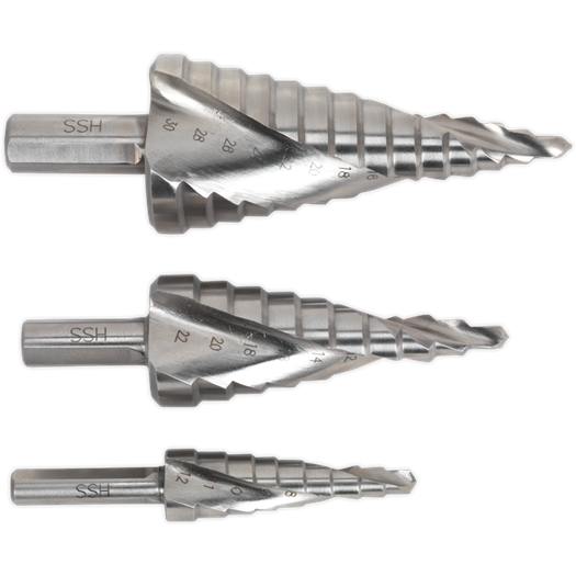 Sealey HSS M2 Step Drill Bit Set 3pc Spiral Flute AK4743 Sealey - Town Tools 