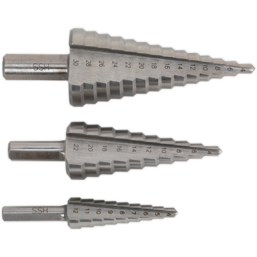 Sealey HSS 4341 Step Drill Bit Set 3pc Double Flute AK4746 Sealey - Town Tools 