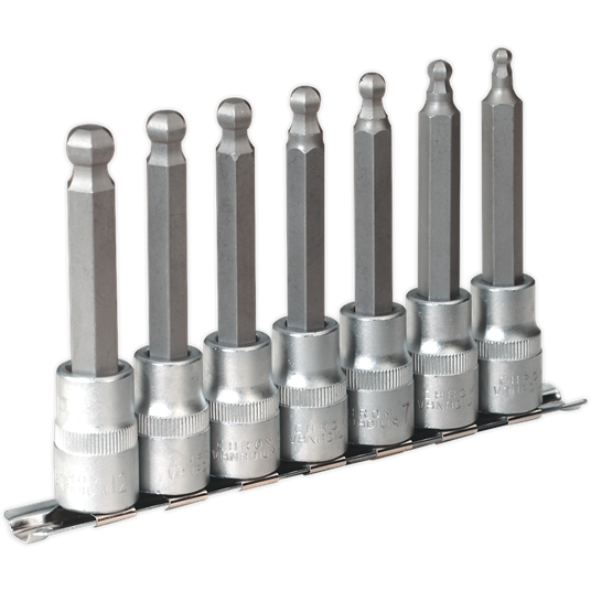 Sealey Ball-End Hex Socket Bit Set 7pc 100mm 1/2"Sq Drive Metric AK622 Sealey - Town Tools 