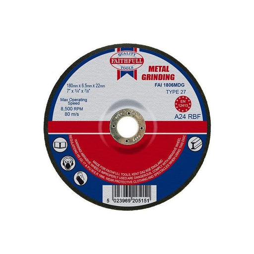 Faithfull Depressed Centre Metal Grinding Disc 180 x 6.5 x 22.23mm Faithfull - Town Tools