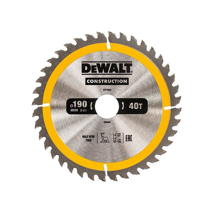 Dewalt Power Tools Portable Construction Circular Saw Blade 190 x 30mm x 40T DeWALT Power Tools - Town Tools