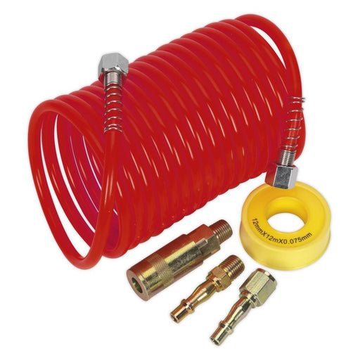 Sealey PE Coiled Air Hose Kit with Connectors 5m x 5mm AHK03 Sealey - Town Tools 