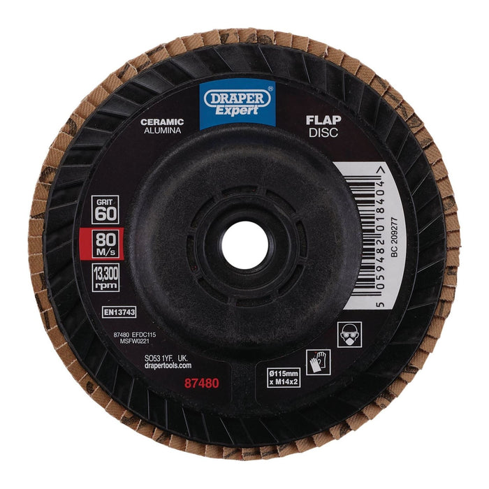 Draper Expert Ceramic Flap Disc, 115mm, M14, 60 Grit 87480 Draper - Town Tools 