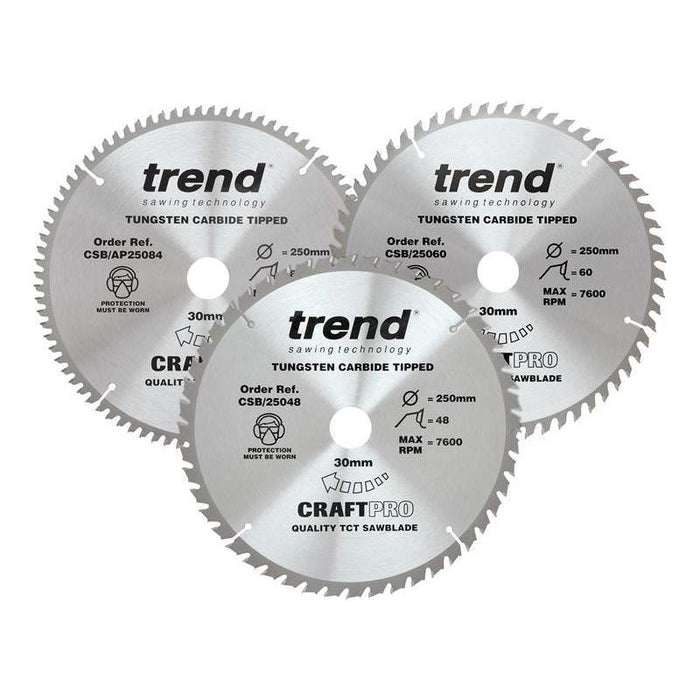 Trend CraftPro Table Saw Blade 250 x 30mm x 48T/60T/84T (Pack 3) Trend - Town Tools