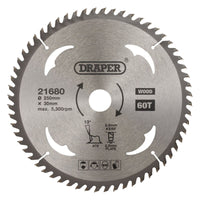 Draper TCT Circular Saw Blade for Wood, 250 x 30mm, 60T 21680