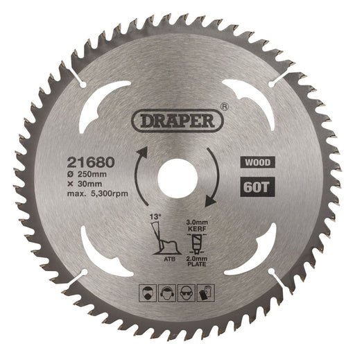 Draper TCT Circular Saw Blade for Wood, 250 x 30mm, 60T 21680 Draper - Town Tools 