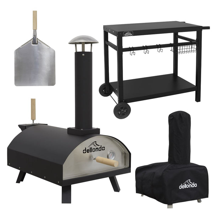 Dellonda Wood-Fired Pizza Oven, Pizza Peel, Cover & Plancha Trolley 14" - Black