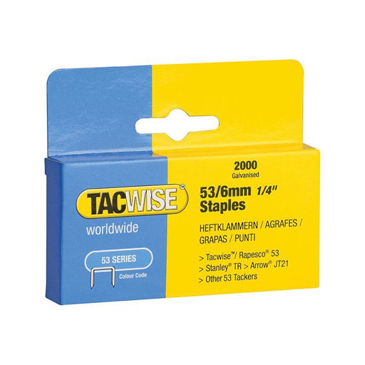 Tacwise 53 Light-Duty Staples 6mm (Type JT21 A) (Pack 2000) Tacwise - Town Tools
