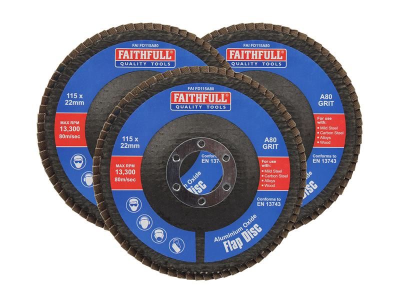 Faithfull Aluminium Oxide Flap Disc 115 x 22mm 80 Grit (3 Pack) Faithfull - Town Tools