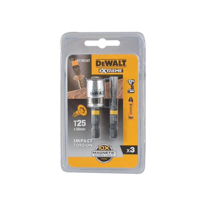 Dewalt Power Tools Impact Torsion Bits TX25 x 50mm (x2) and Magnetic Screwlock Sleeve DeWALT Power Tools - Town Tools
