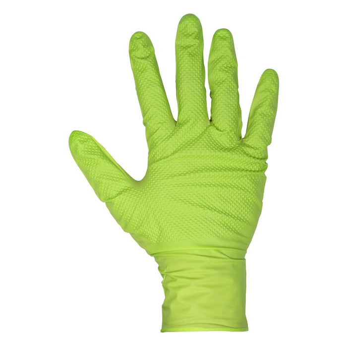 Diamond Grip Extra-Thick Nitrile Powder-Free Gloves Hi-Vis Green Large Pack  50 Sealey - Town Tools 