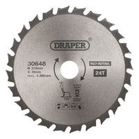 Draper TCT Multi-Purpose Circular Saw Blade, 210 x 30mm, 24T 30648