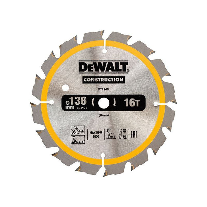 Dewalt Power Tools Cordless Construction Trim Saw Blade 136 x 10mm x 16T DeWALT Power Tools - Town Tools