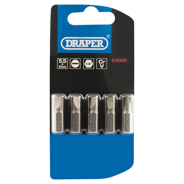 Draper Plain Slot Insert Bit, 5.5mm, 1/4" Hex, 25mm Long (Pack of 5) 64009 Draper - Town Tools 