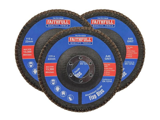 Faithfull Aluminium Oxide Flap Disc 115 x 22mm 40 Grit (3 Pack) Faithfull - Town Tools