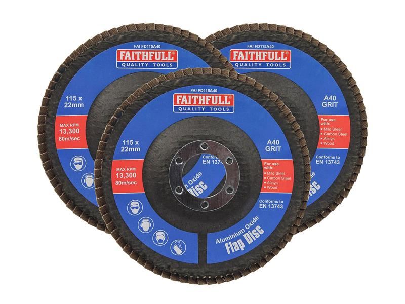 Faithfull Aluminium Oxide Flap Disc 115 x 22mm 40 Grit (3 Pack) Faithfull - Town Tools