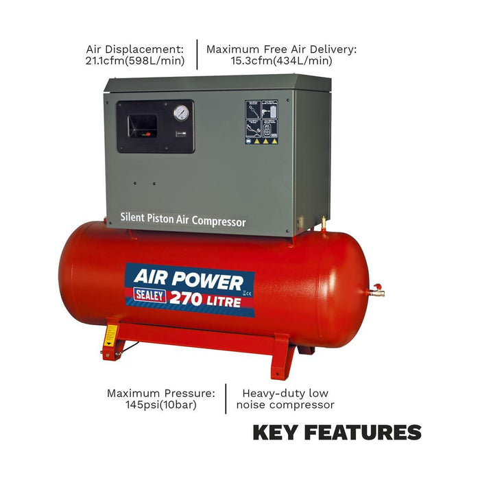 270L Low Noise Belt Drive Air Compressor with Cast Cylinders 5.5hp 3ph 2-Stage Sealey - Town Tools 