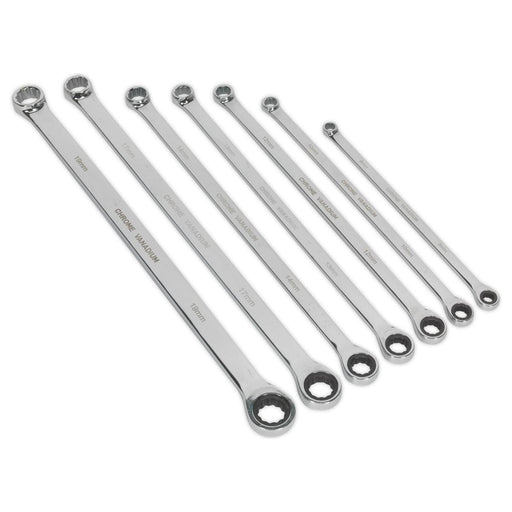 Sealey Double Ring Ratchet/Fixed Spanner Set 7pc Extra-Long Metric AK6319 Sealey - Town Tools 