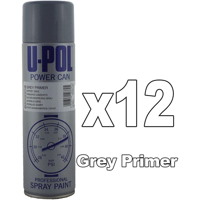 12 x U-Pol Power Can GREY PRIMER Paint 500ml Car Spray Aerosol U-Pol - Town Tools 