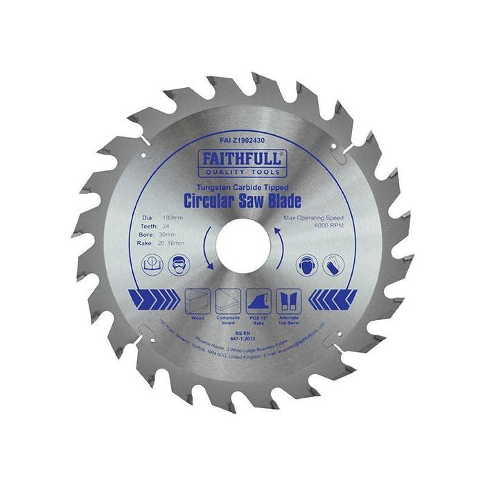 Faithfull TCT Circular Saw Blade 190 x 30mm x 24T POS Faithfull - Town Tools