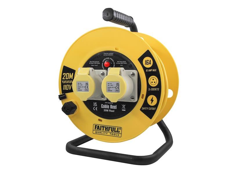 Faithfull Power Plus Open Cable Reel 110V 20m 16A 2 Socket (1.5mm Cable) Faithfull Power Plus - Town Tools
