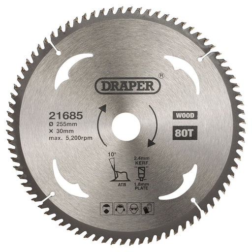 Draper TCT Circular Saw Blade for Wood, 255 x 30mm, 80T 21685 Draper - Town Tools 