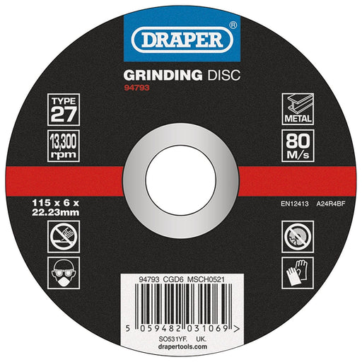 Draper DPC Metal Grinding Disc, 115 x 6 x 22.23mm 94793 Draper - Town Tools 