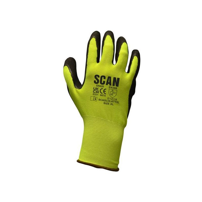 Scan Hi-Vis Yellow Foam Latex Coated Gloves - M (Size 8) Scan - Town Tools