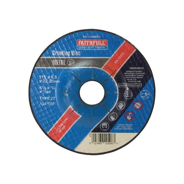 Faithfull Depressed Centre Metal Grinding Disc 115 x 6.5 x 22.23mm Faithfull - Town Tools