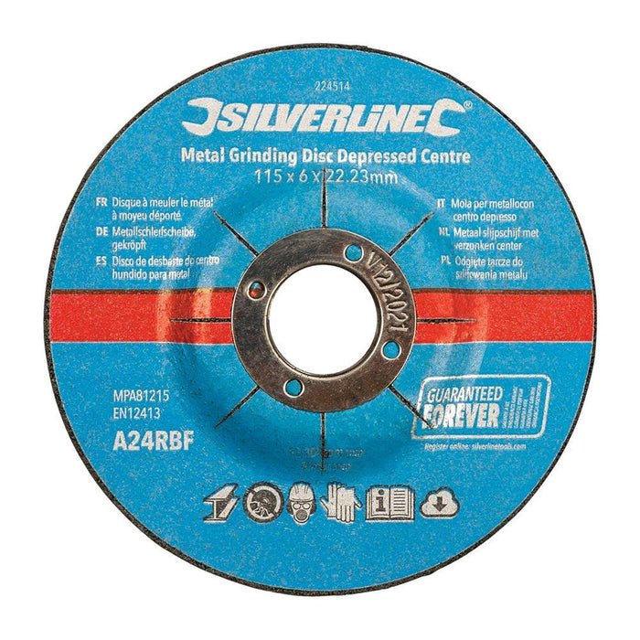 Silverline Metal Grinding Discs Depressed Centre 10pk 115 x 6 x 22.23mm Silverline - Town Tools 