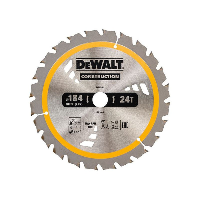 Dewalt Power Tools Cordless Construction Trim Saw Blade 184 x 20mm x 24T DeWALT Power Tools - Town Tools