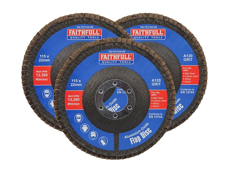 Faithfull Aluminium Oxide Flap Disc 115 x 22mm 120 Grit (3 Pack) Faithfull - Town Tools