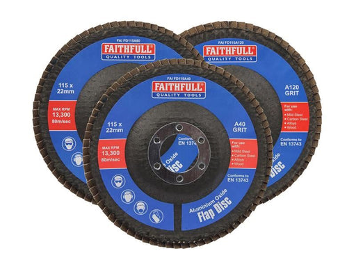 Faithfull Aluminium Oxide Flap Disc 115 x 22mm Mixed Grit (3 Pack) Faithfull - Town Tools