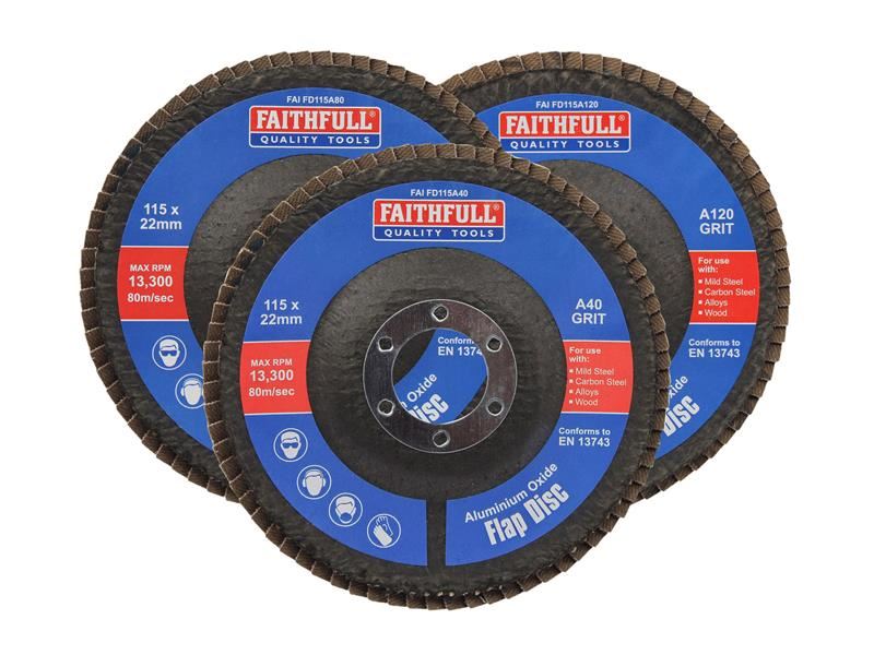 Faithfull Aluminium Oxide Flap Disc 115 x 22mm Mixed Grit (3 Pack) Faithfull - Town Tools