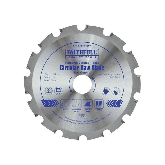 Faithfull TCT Circular Saw Blade Nail Cutting 184 x 30mm x 14T NEG Faithfull - Town Tools