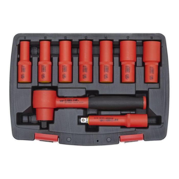 Sealey Insulated Socket Set 9pc 3/8"Sq Drive 6pt WallDrive VDE Approved AK7942 Sealey - Town Tools 