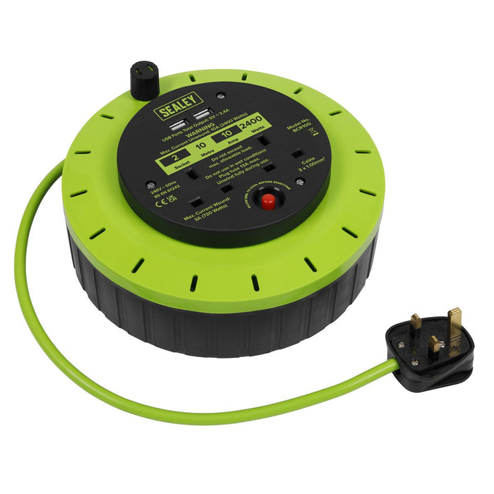 10m Cassette Type Cable Reel with Thermal Trip 2 x 230V & 2 x USB - Hi-Vis Green Sealey - Town Tools 