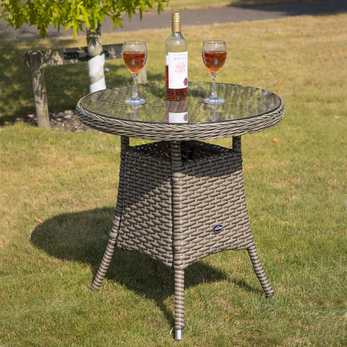 Dellonda Chester Rattan Wicker Round Outdoor Table with Tempered Glass Top