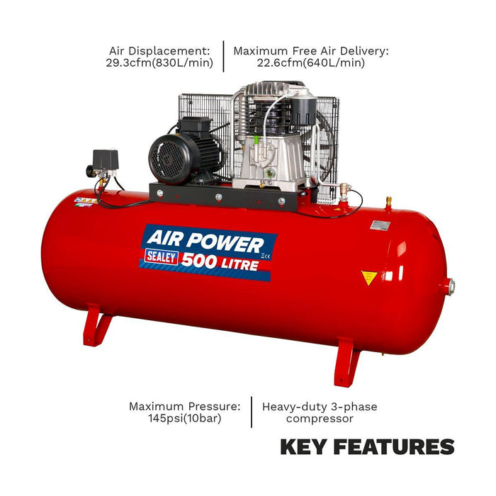 Sealey 500L Belt Drive Air Compressor with Cast Cylinders 7.5hp 3ph 2-Stage Sealey - Town Tools 