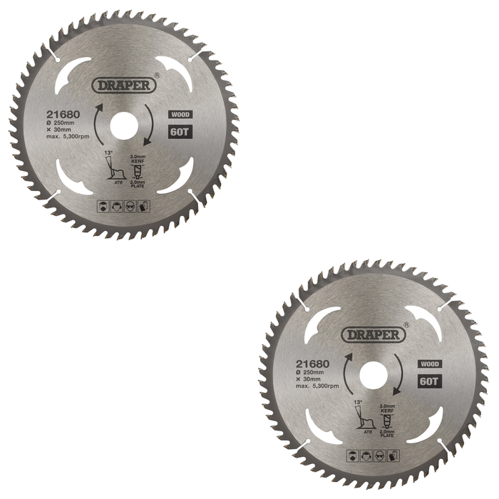 Draper TCT Circular Saw Blade for Wood, 250 x 30mm, 60T - SBW12