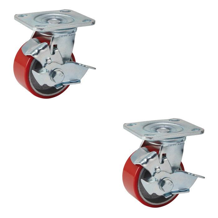 Draper Swivel Plate Fixing Heavy Duty Polyurethane Wheel with Brake, 100mm