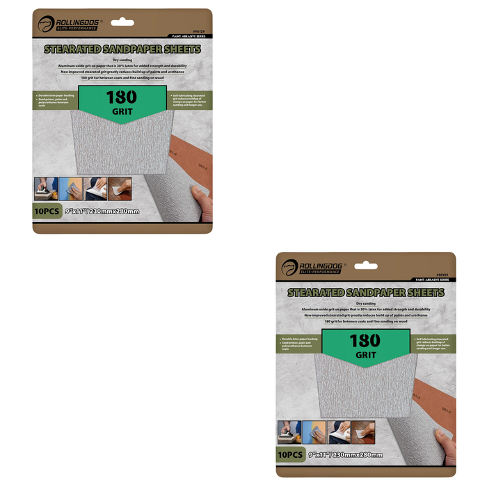 ROLLINGDOG Stearated Sanding Sheets, 230 x 280mm, 180 Grit (Pack of 10) - 90129